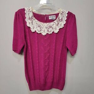 VTG 80s Cable Knit Sweater SZ M Pink Lace Collar Puffed‎ Short Sleeve Grannycore